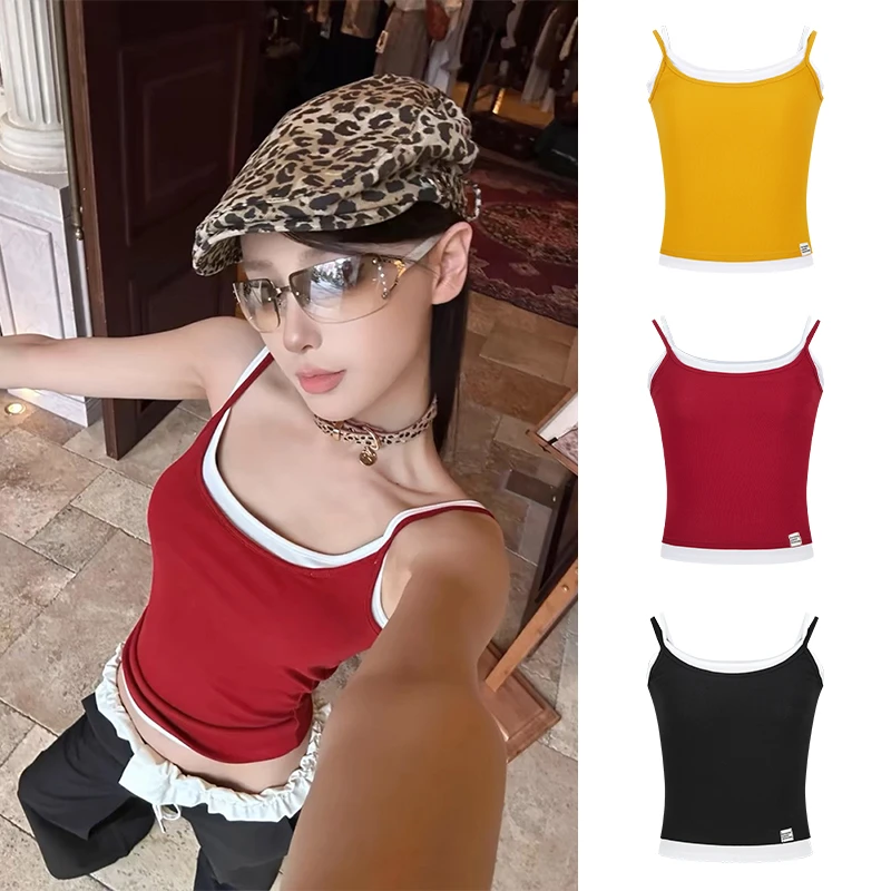 Moses Queen/魔西女王假两件撞色吊带背心女时髦凉感性感辣妹上衣