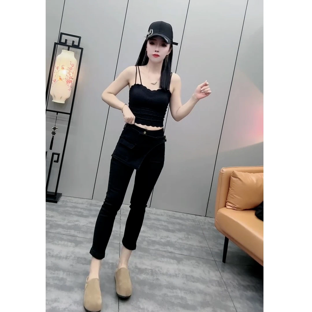 修身显瘦黑灰色烟管裤新款常规款牛仔裤高腰丹宁风九分裤水洗微弹