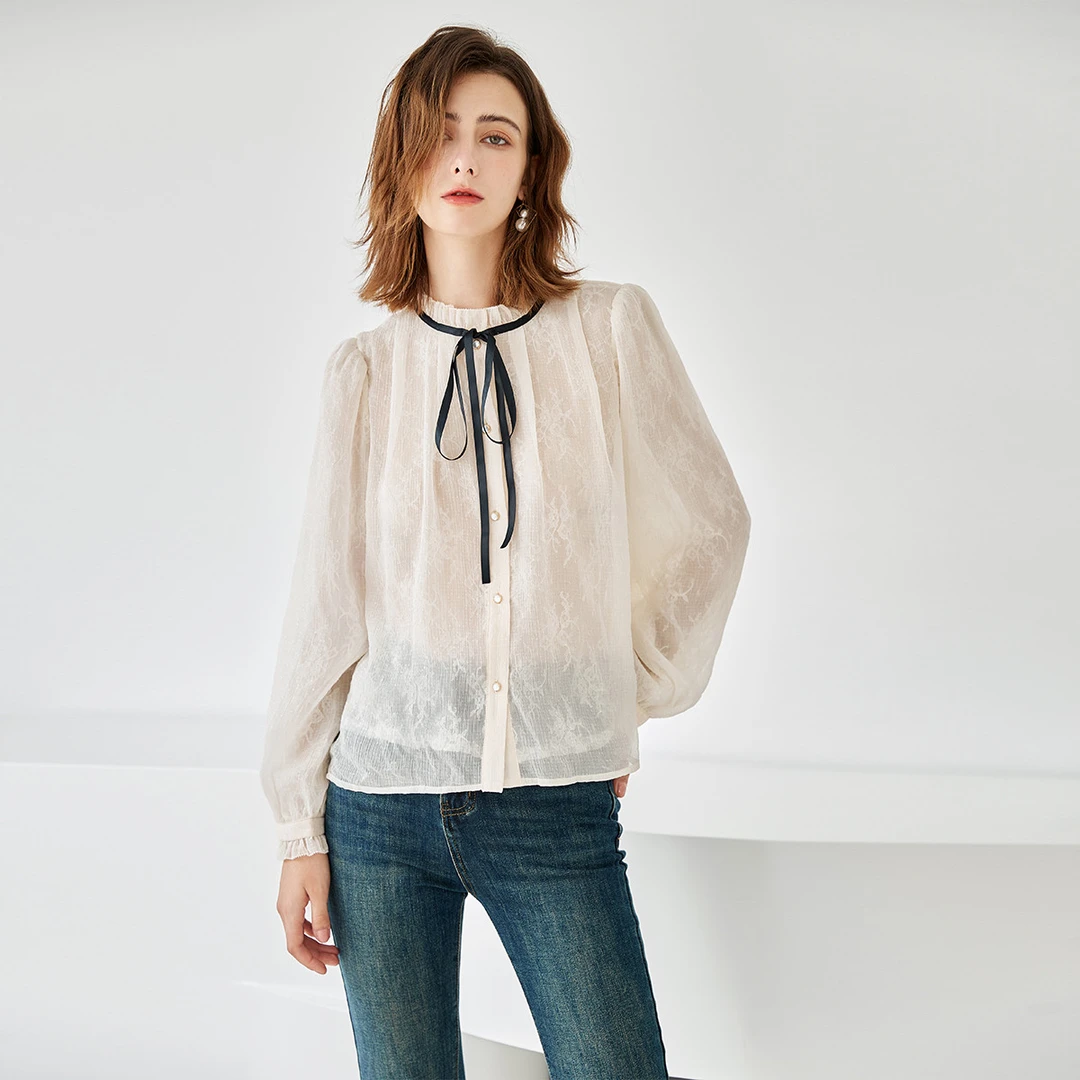 【粉丝专享】蝴蝶结花边领衬衣法式蕾丝小衫白色衬衣长袖衬衫女