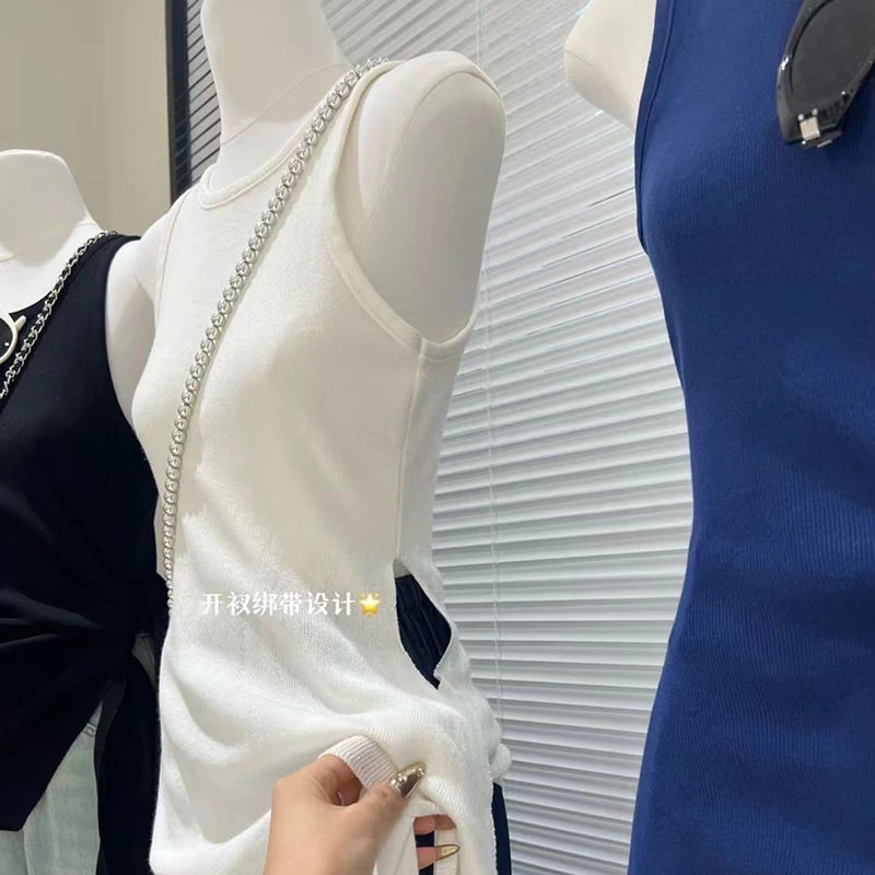 小众女装女装韩版圆领无袖修身显瘦绑带针织衫女夏季新款法式气质