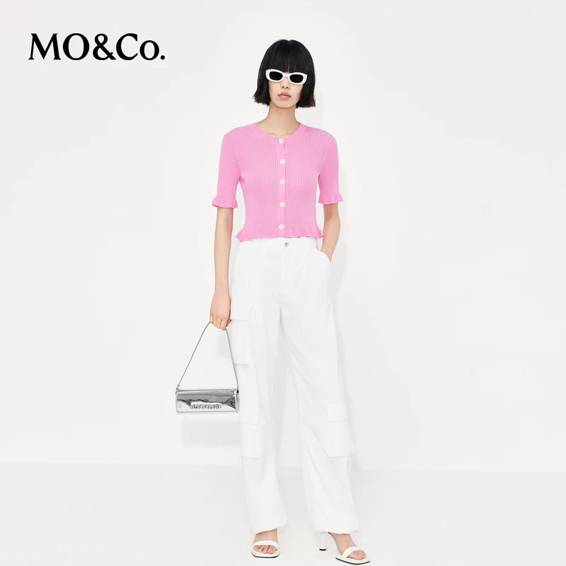 【小余专属】MOCO夏荷叶边坑条纹撞色扣短款修身针织开衫MBC2CART06