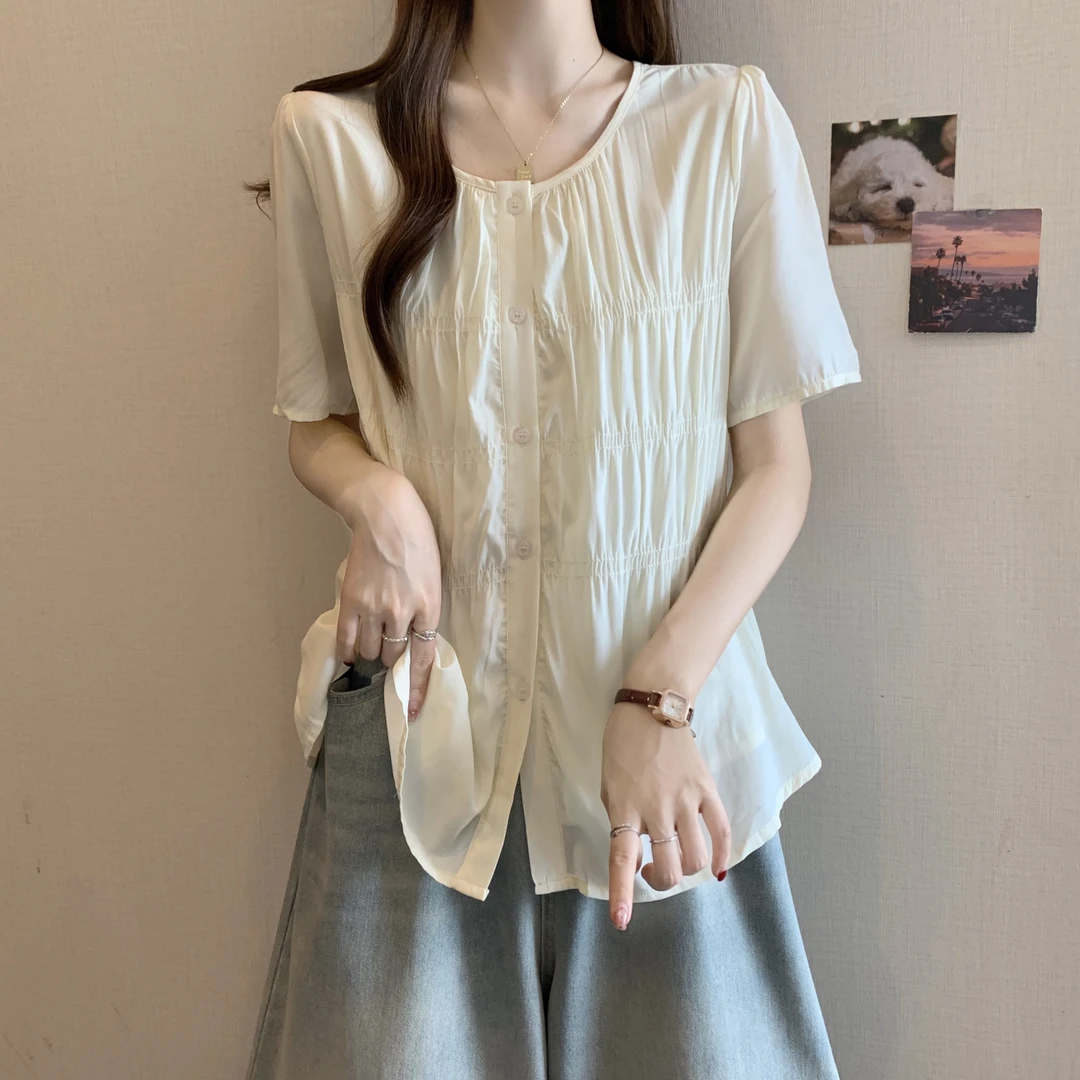 大码胖mm法式正肩圆领压褶短袖衬衫夏新款显瘦百搭气质上衣