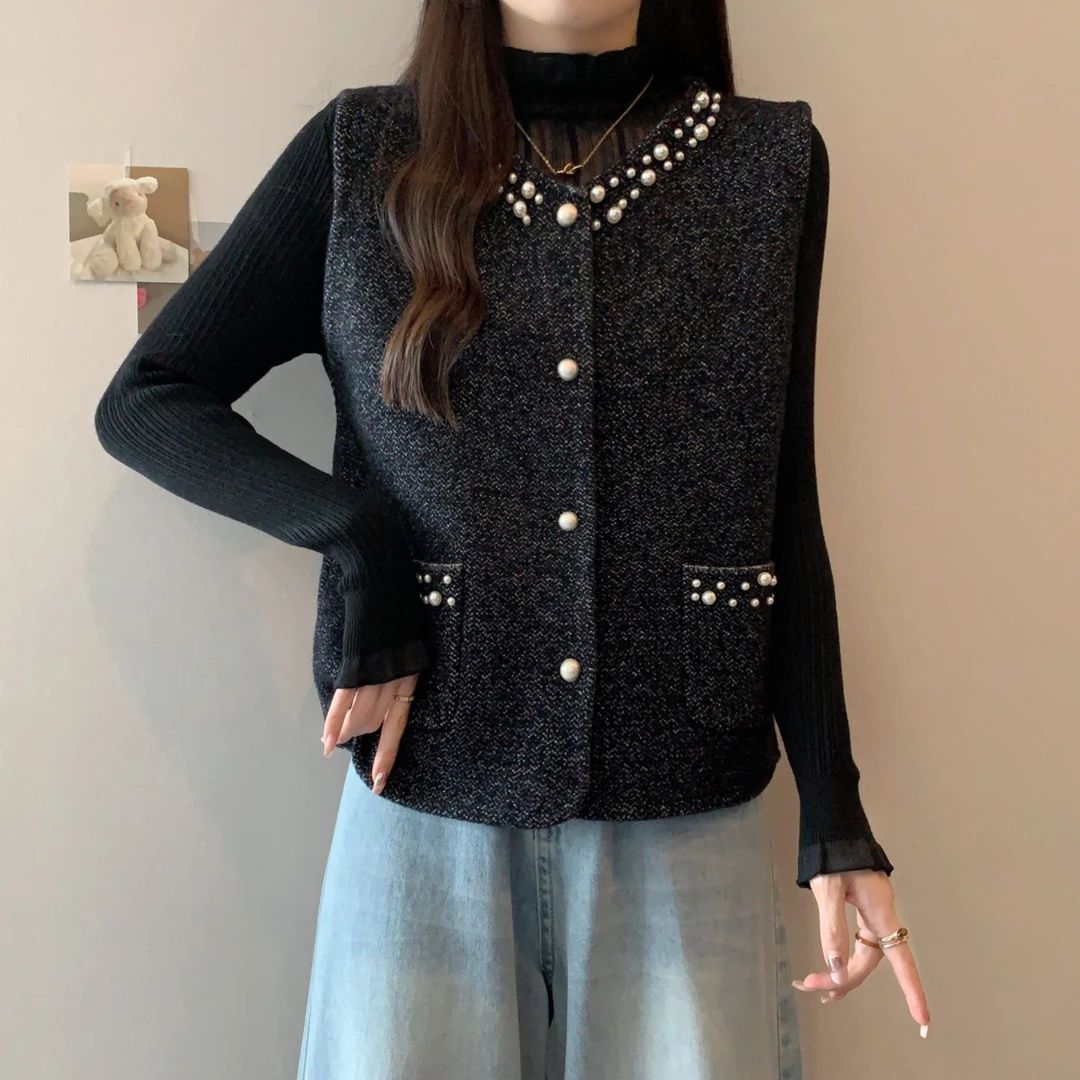 大码小香风钉珠针织开衫马甲女秋冬胖MM宽松显瘦百搭洋气毛衣外套