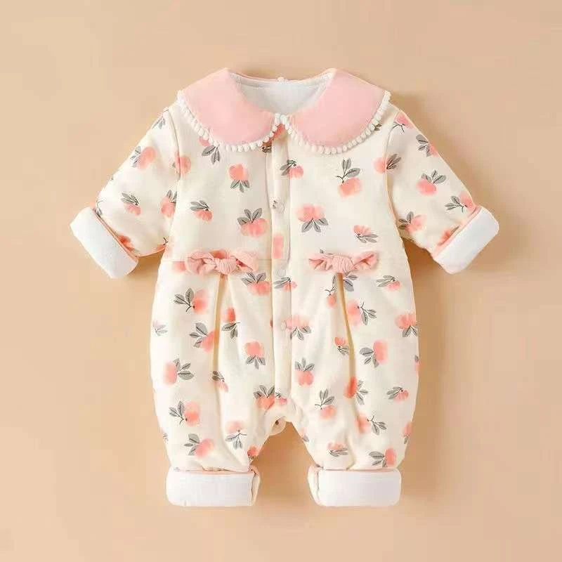 婴儿女宝长袖秋冬女哈衣牛奶绒保暖连体衣秋冬季薄棉衣加绒幼儿