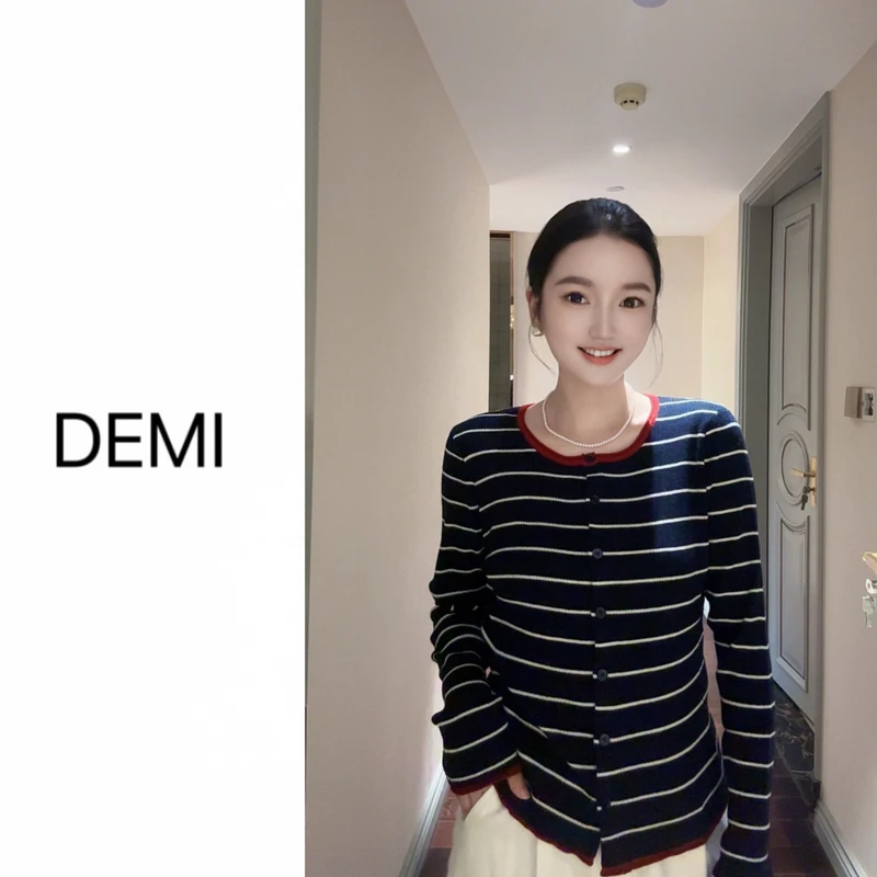 MISS RUILI 定制 新款韩系穿搭修身撞色条纹针织上衣F1127