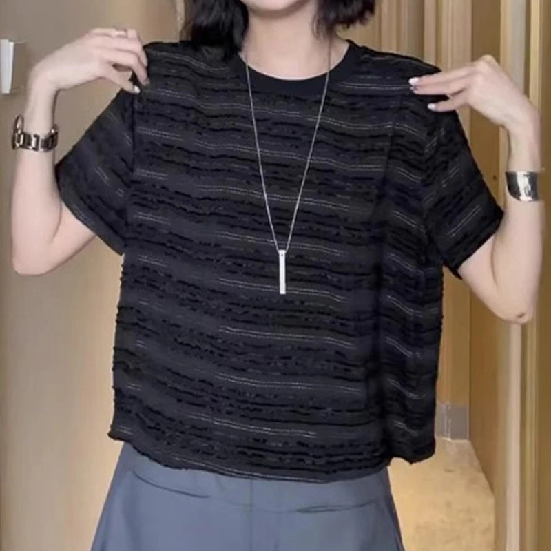 欧货黑色时尚条纹短袖t恤女夏季2025新款设计感小众休闲百搭上衣