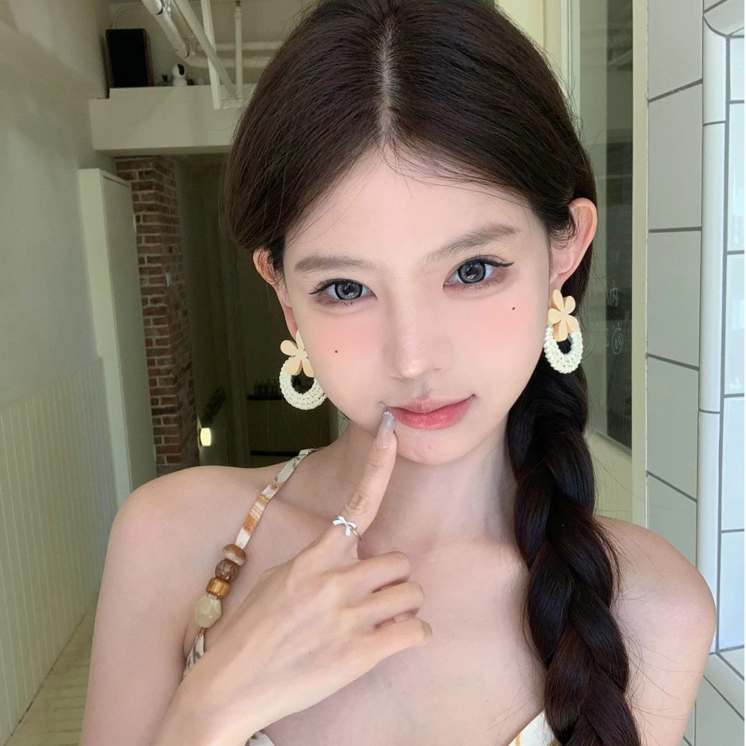 非金属木质耳饰 假日半岛 度假风花朵藤编圆圈耳环海边氛围感配饰