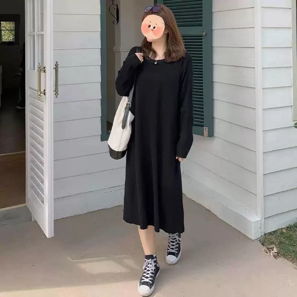 【纯黑】女士口袋慵懒长裙#L1623