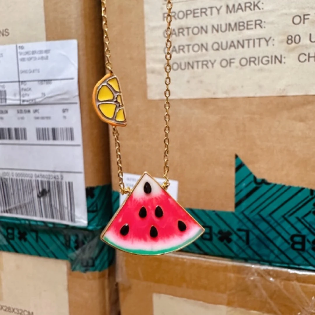 铜合金珐琅项链 趣味卡通可爱西瓜项链女短款锁骨链