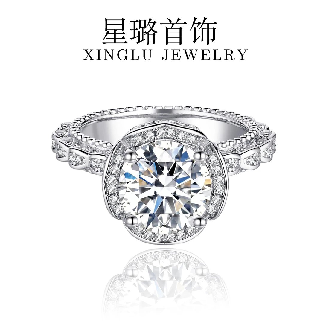 925银莫桑石戒指 【玫瑰庄园】星璐首饰奢华群镶结婚求婚闭口戒指女