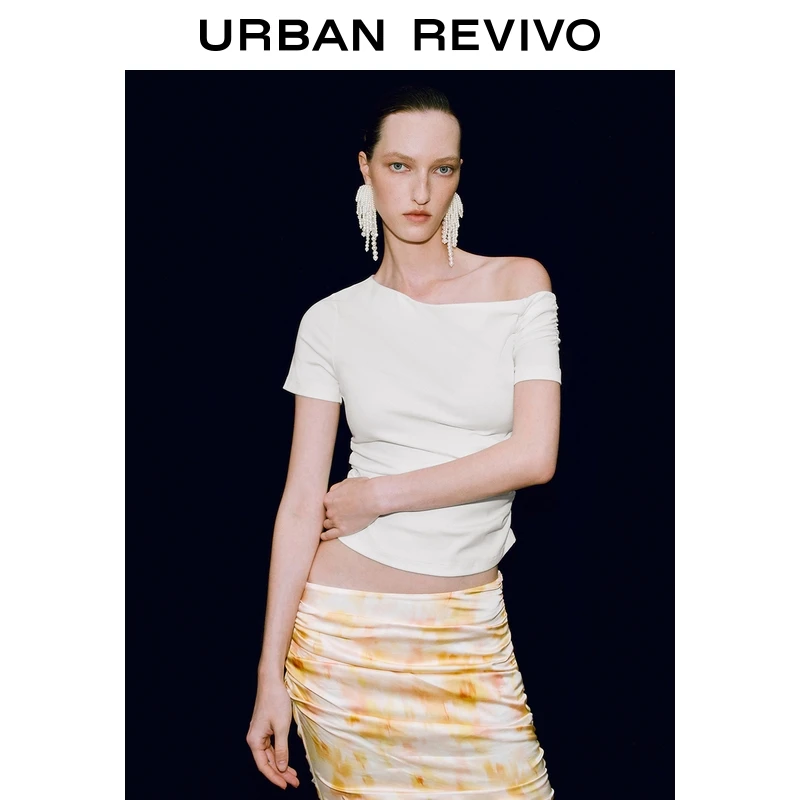 UR2025夏季新款女装时尚斜肩领褶皱短款修身T恤UWG450144