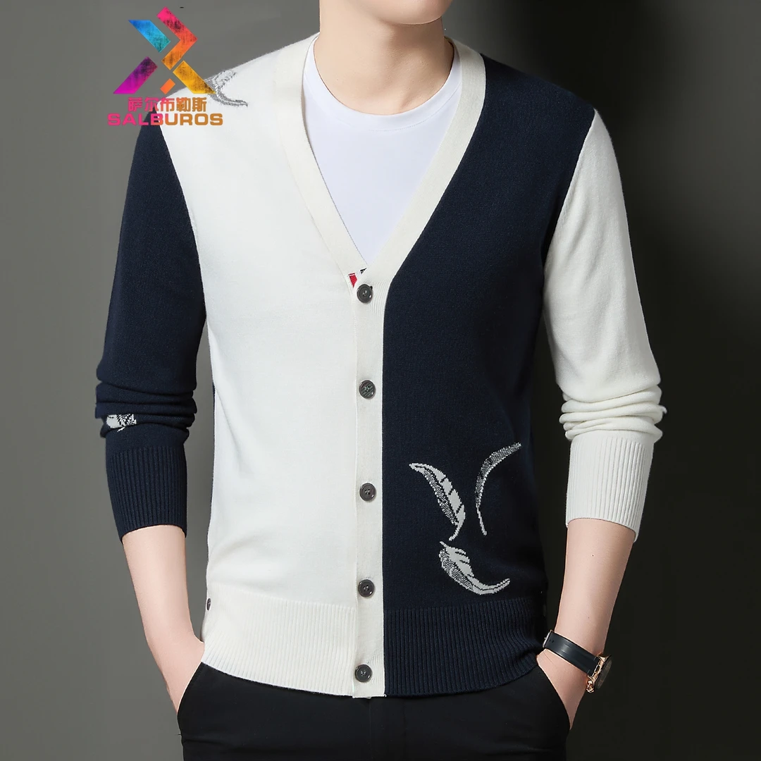 萨尔布勒斯春秋季V领针织开衫男士薄款韩版时尚撞色提花毛衣外套