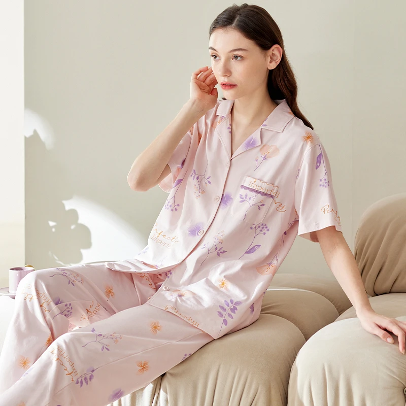 芬腾睡衣女夏季薄款短袖开衫少女甜美休闲宽松大码全棉家居服套装