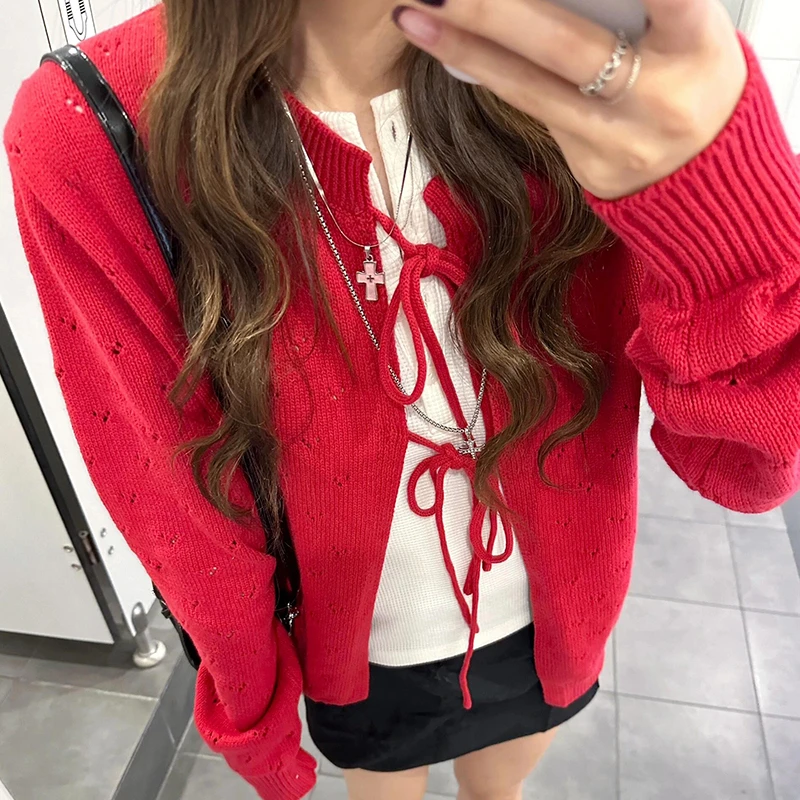 8200新年红色毛衣女早春季新款慵懒风高级感宽松针织开衫外套上衣