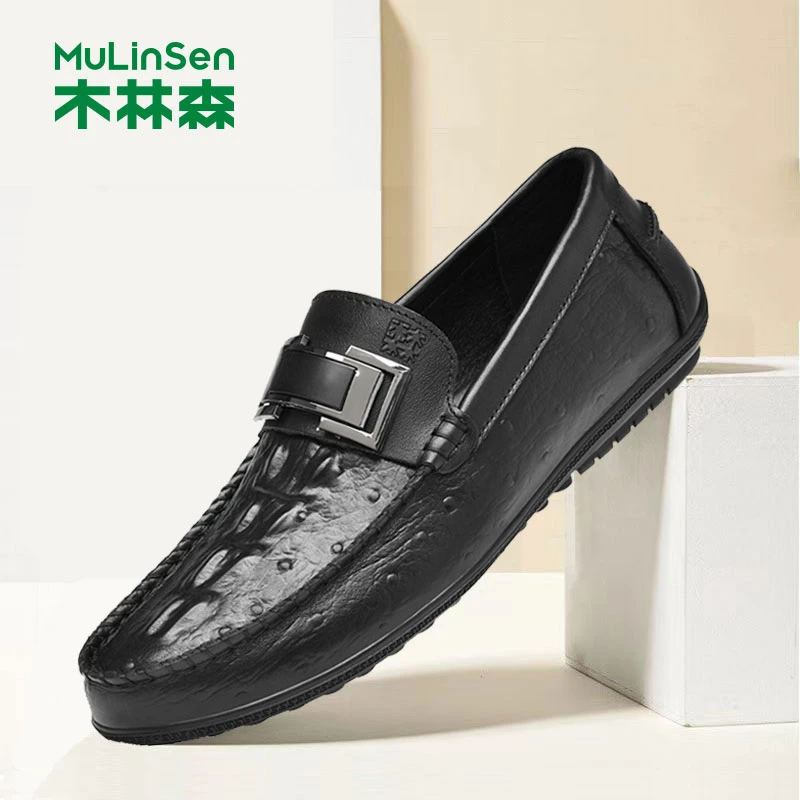 木林森一脚蹬男士真皮豆豆鞋2025春季新款软皮软底百搭休闲男鞋软