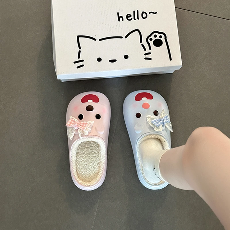 可爱俏皮卡通蝴蝶结小海狸包头拖鞋女2025冬季新款外穿包头拖棉拖