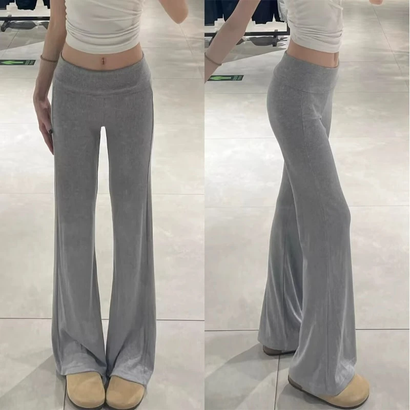 灰色修身喇叭裤女夏季薄款高腰垂坠感显瘦小个子辣妹裸感微喇裤子