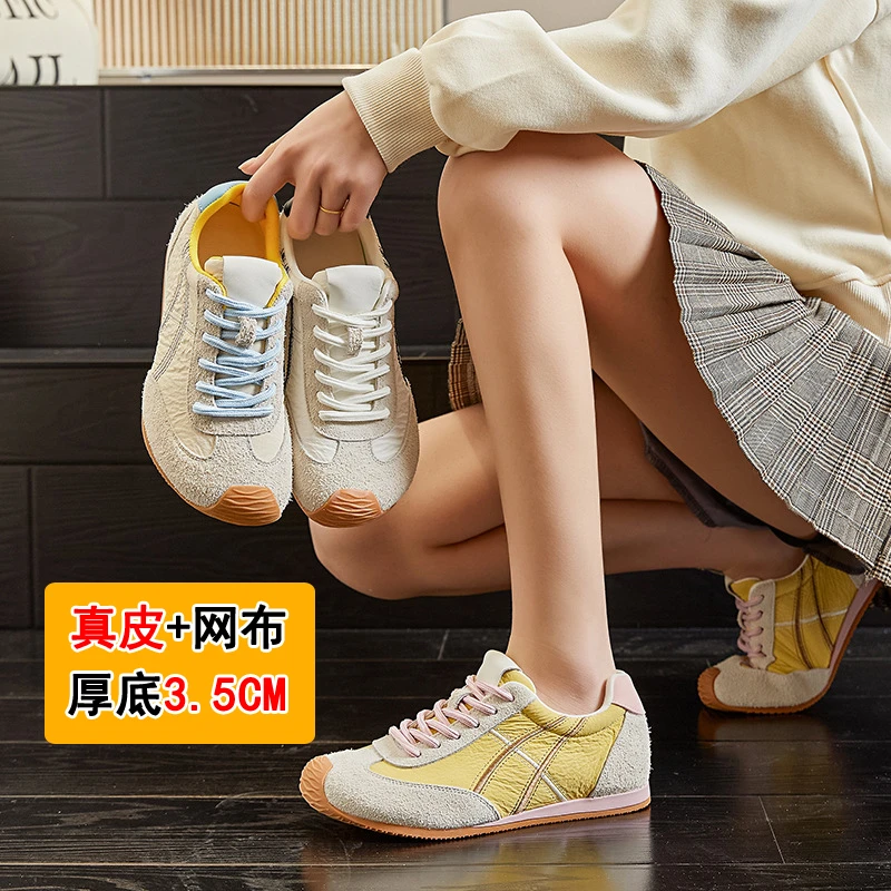 【真皮+网布厚底3.5厘米】2025夏季爆款轻便透气女帆布鞋软底德训鞋