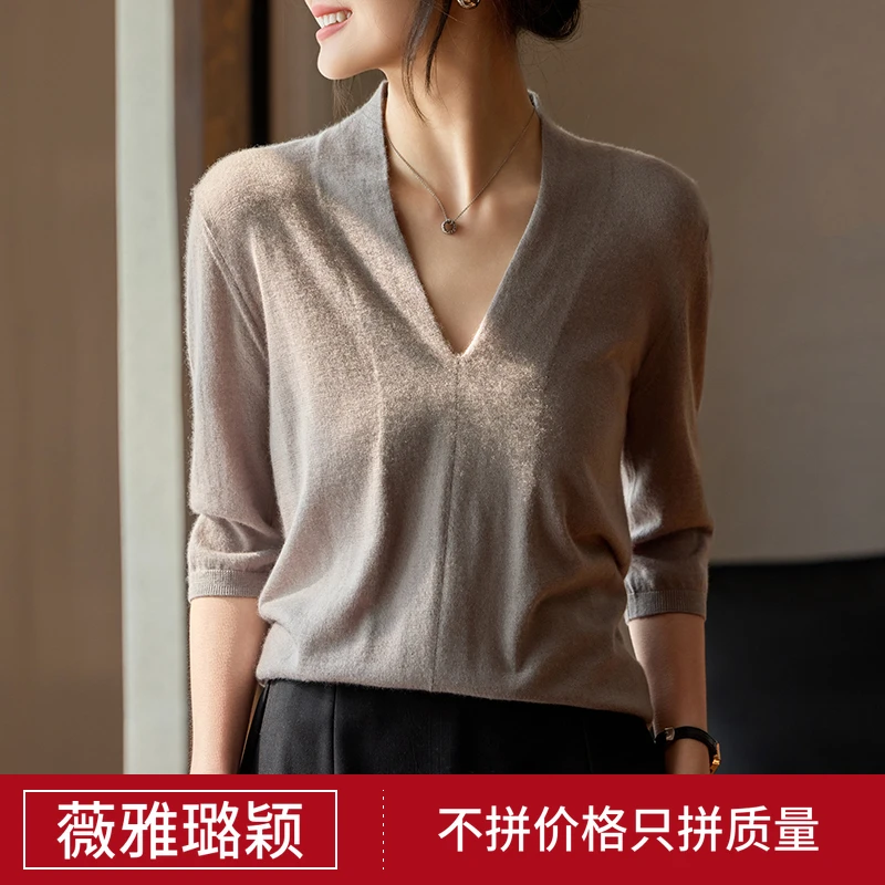 100%纯山羊绒五分袖女超细精纺25春夏新款围巾领型短袖薄款T恤