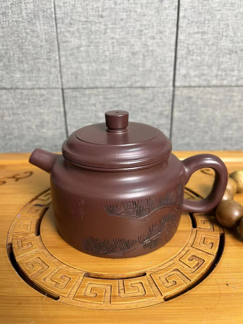 精品纯手工紫朱泥松柏精神刻绘德钟