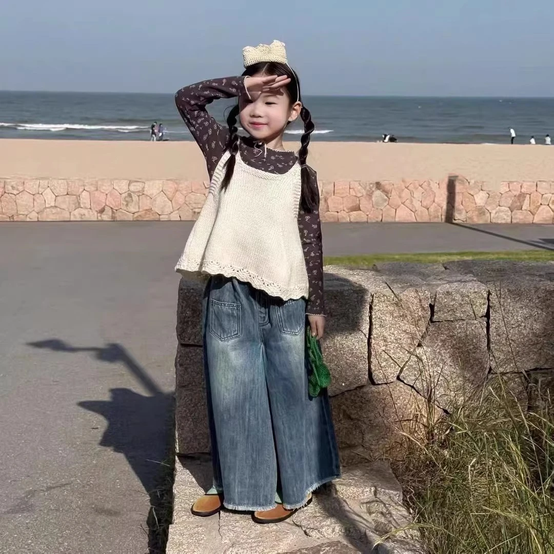 女童秋装套装2025新款网红儿童洋气针织马甲上衣女宝牛仔裤三件套