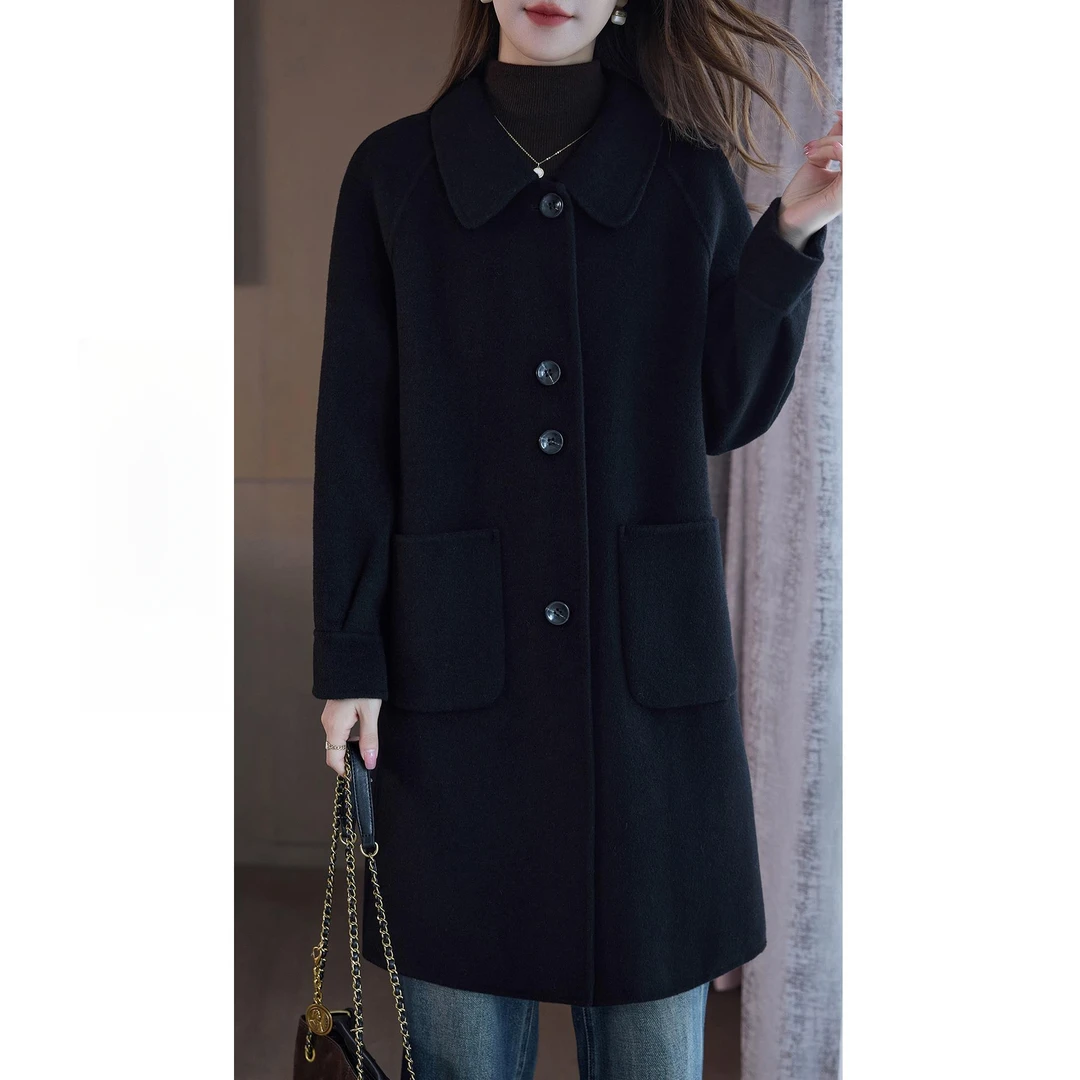 秋冬新款高端羊毛呢双面大衣韩版优雅时尚羊毛呢子外套中长款女装