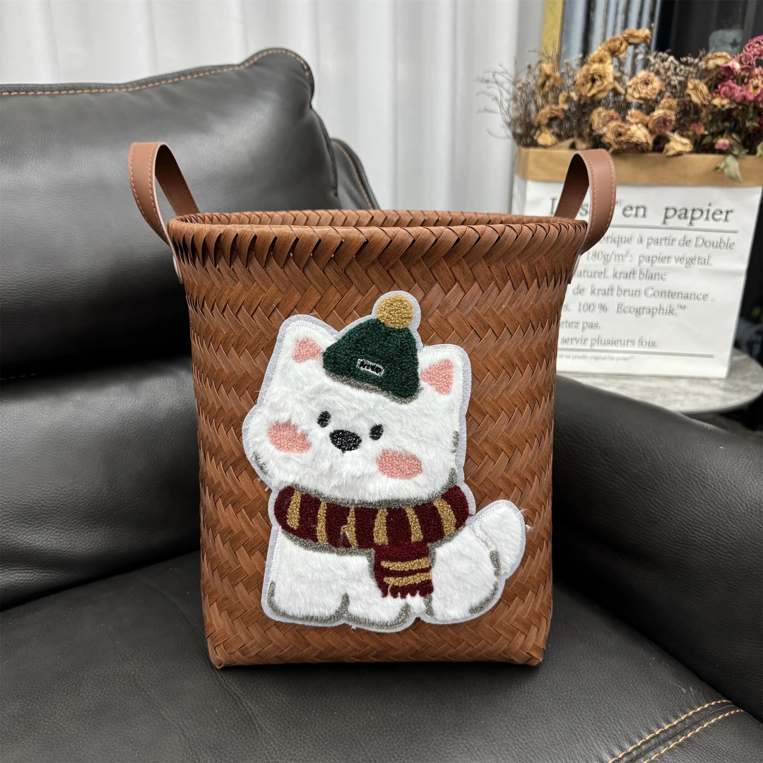 绿帽西高地狗加大圆款大容量编织脏衣篮复古仿藤编杂物零食收纳筐