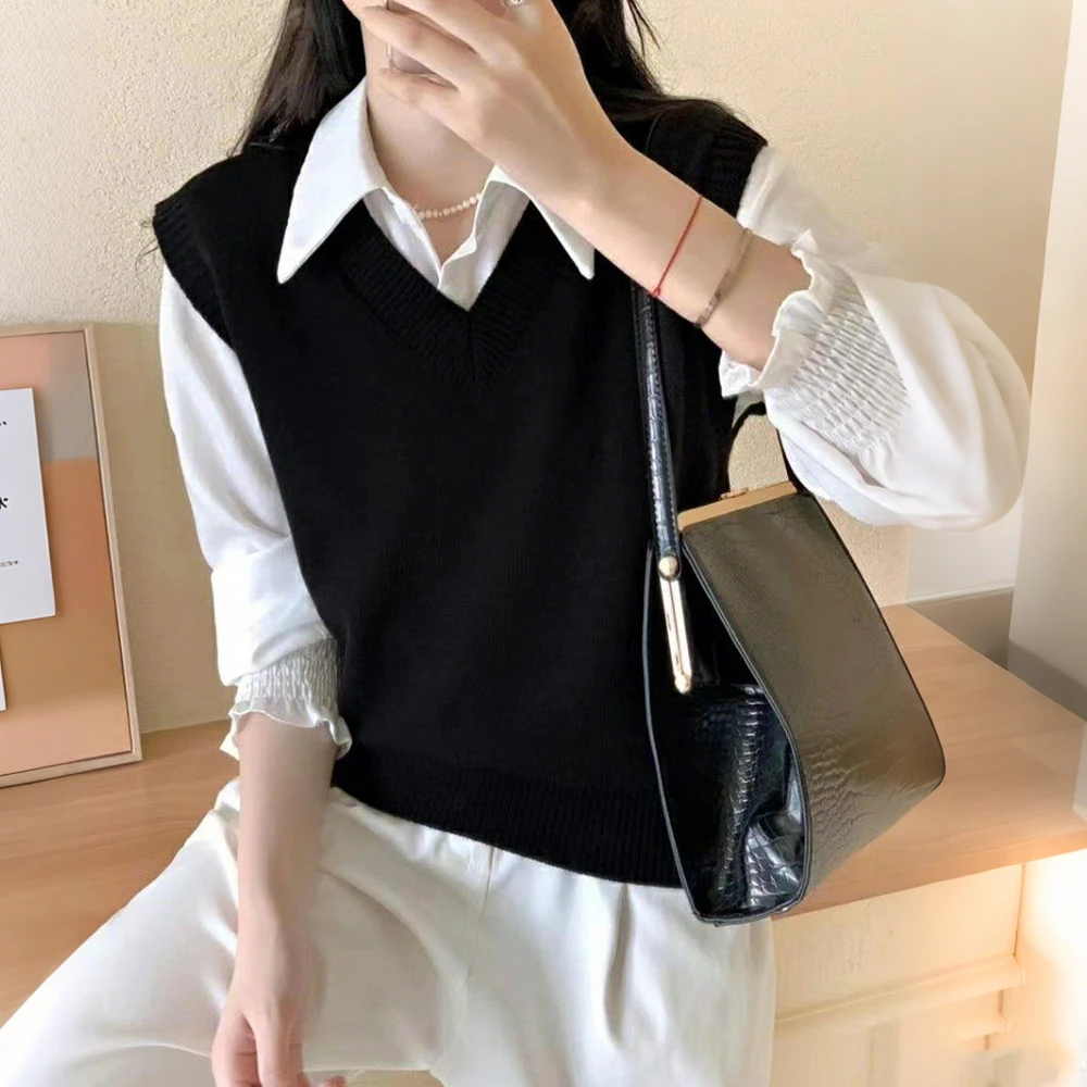 春秋新款针织马甲背心叠穿花苞袖衬衫套装宽松V领坎肩上衣两件套