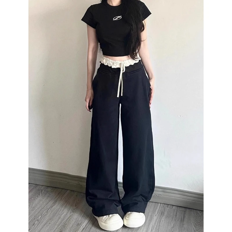 180高个子175加长黑色花边休闲裤女薄款宽松显瘦冰丝阔腿拖地裤子