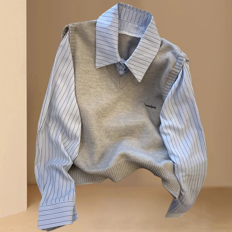 小个子时髦洋气针织背心衬衫女2025年春秋季新款休闲假两件上衣