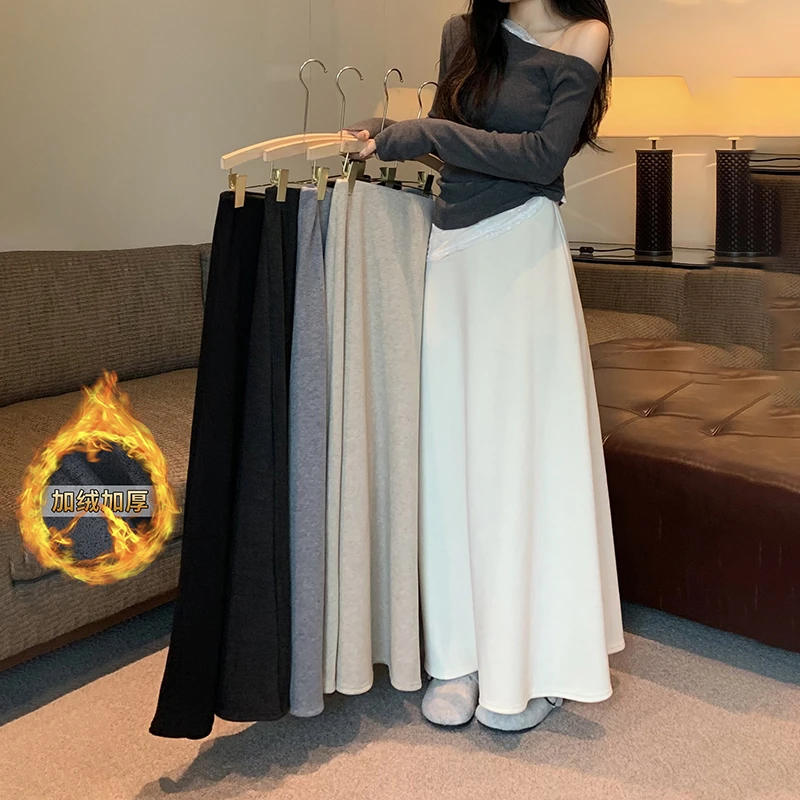 【2024冬季爆款针织面料加绒加厚a字半身裙】高腰显瘦遮肉百搭长裙