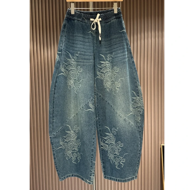 刺绣提花水洗牛仔裤女秋季新款显瘦宽松阔腿裤长裤松紧腰百搭