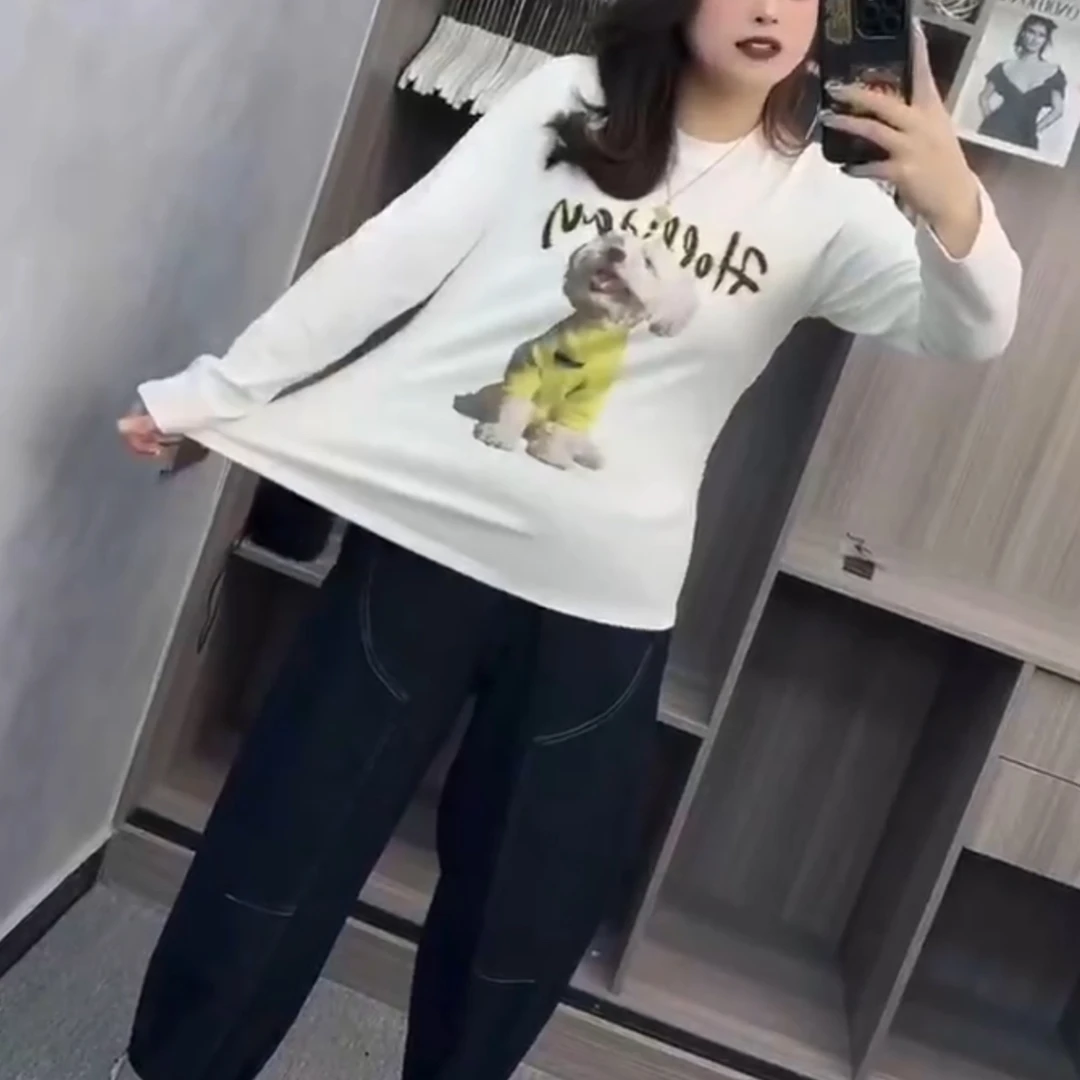 33768胖MM大码美式高街趣味小狗双面磨毛打底衫2025新款上衣