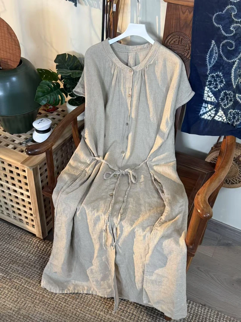 【云目悠悠】夏季新款女士长款排扣短袖可抽绳连衣裙-2025593