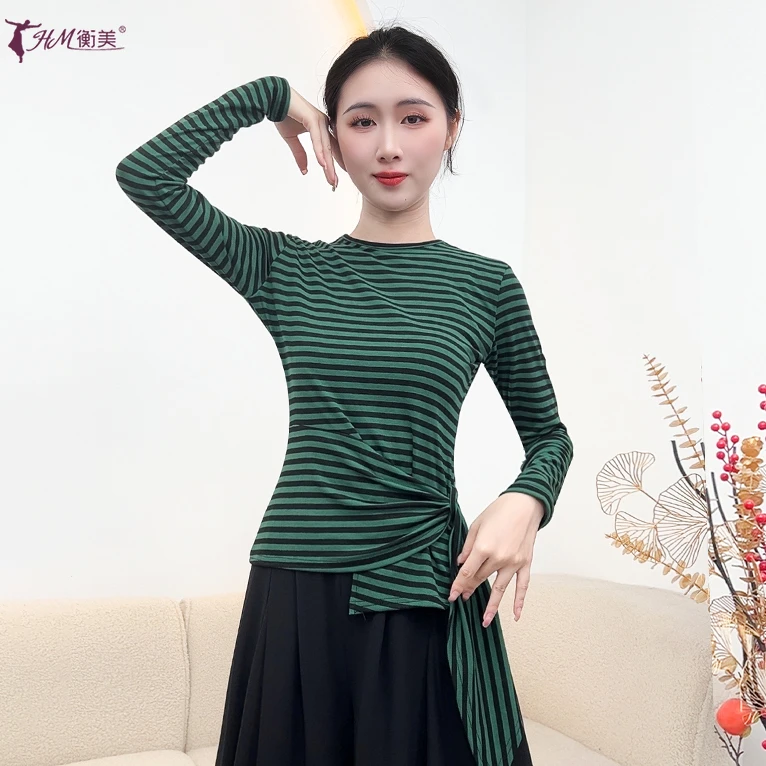 秋冬新款古典舞练功服上衣长袖条纹系带收腰显瘦古典现代舞服装女