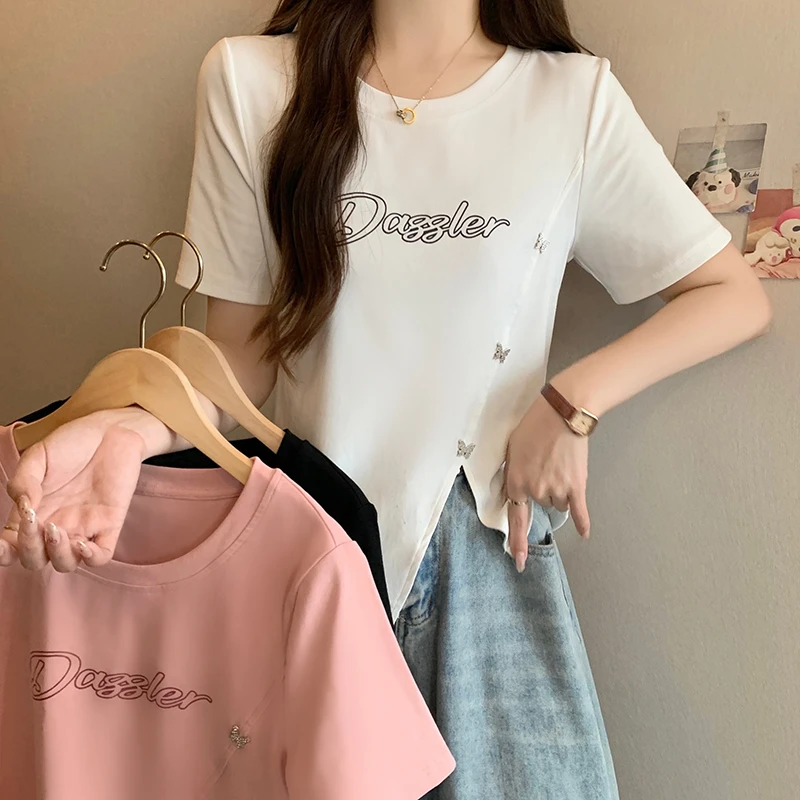 夏装新款胖妹妹大码斜开叉不对称字母印花印花T恤上衣A0131