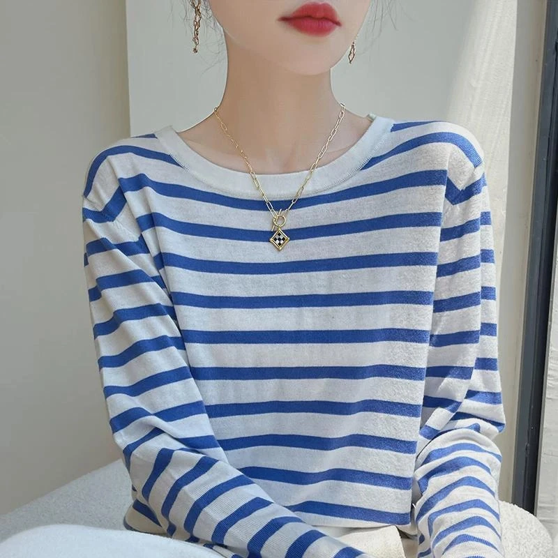 早秋薄款新款慵懒风长袖t恤针织衫女宽松显瘦条纹毛衣罩衫羊毛衫