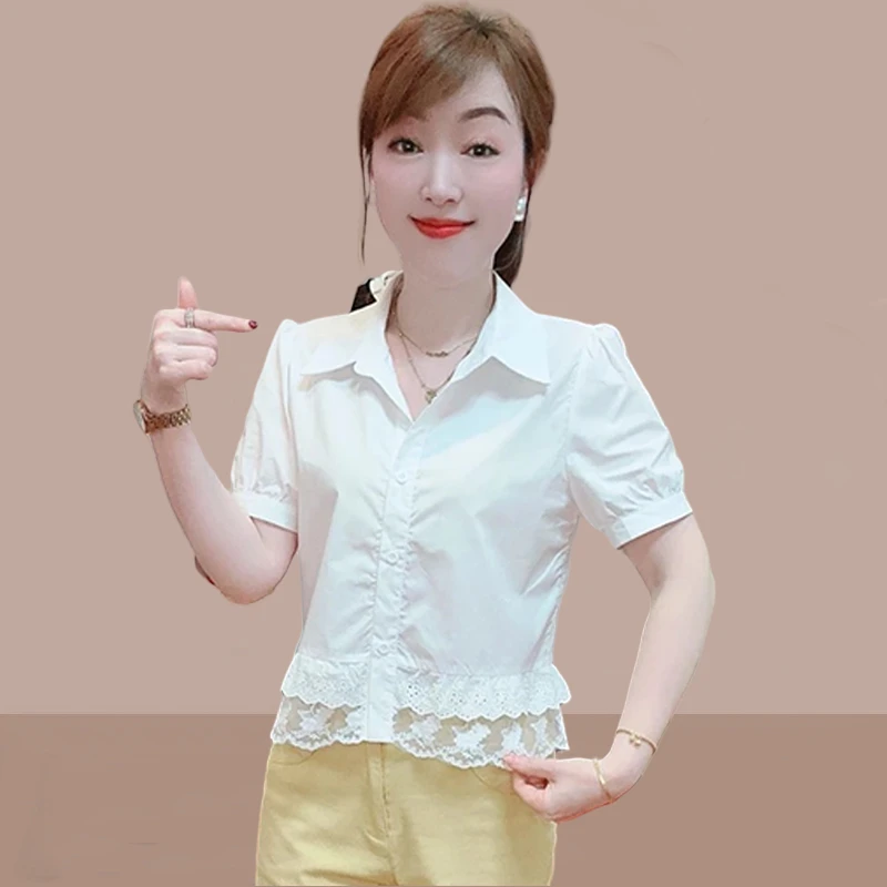 独特漂亮小衫时尚气质衬衫女夏季2026新款蕾丝边翻领收腰提花衬衣