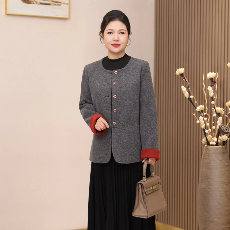 中年妈妈毛呢外套女大码2025秋冬新款胖妈妈时尚洋气减龄开衫上衣