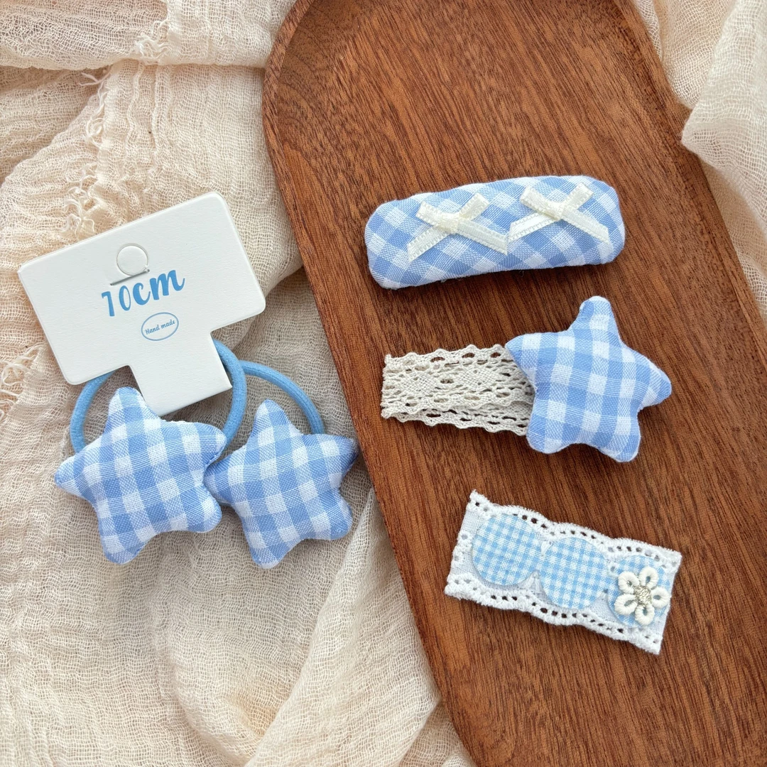 蓝色格子五角星发夹BB儿童可爱发饰BB夹新款甜美韩国原创ins头饰