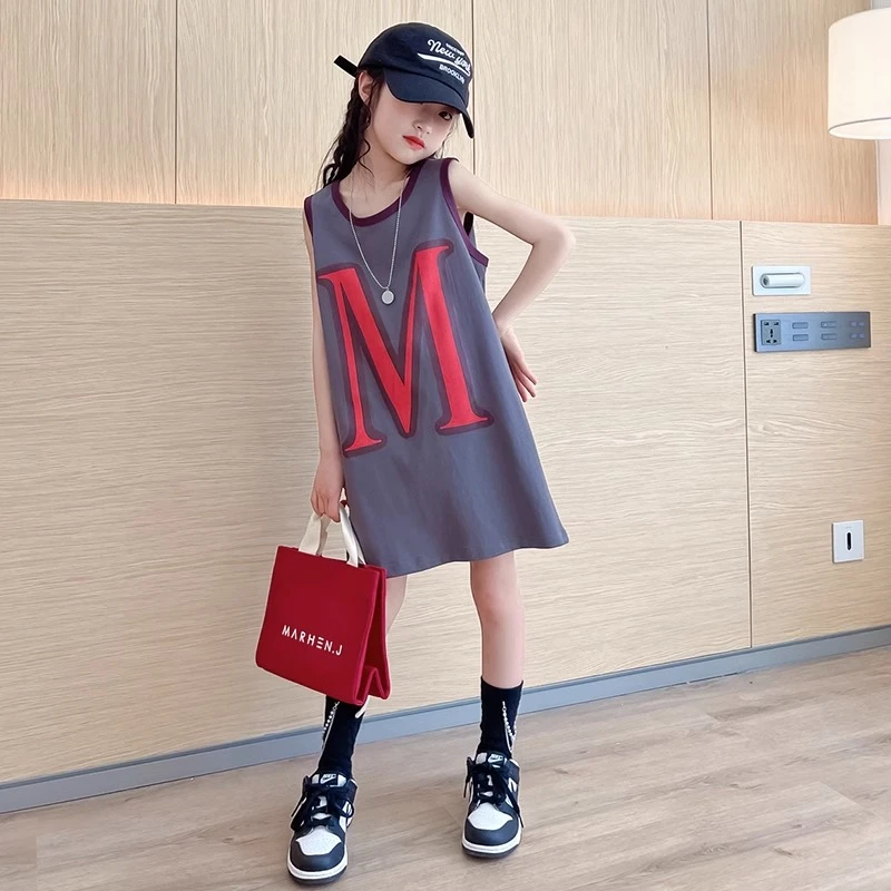 夏装女童连衣裙100%纯棉童装背心裙洋气宽松休闲中大童夏天长裙子