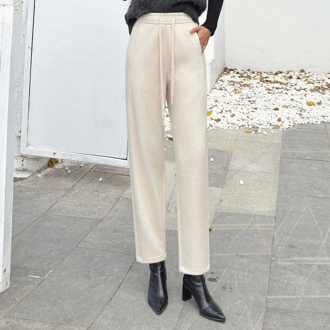 毛呢松紧腰哈伦裤女宽松直筒2025冬款高腰显瘦九分小脚休闲裤181