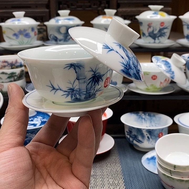 手绘微瑕竹子盖碗