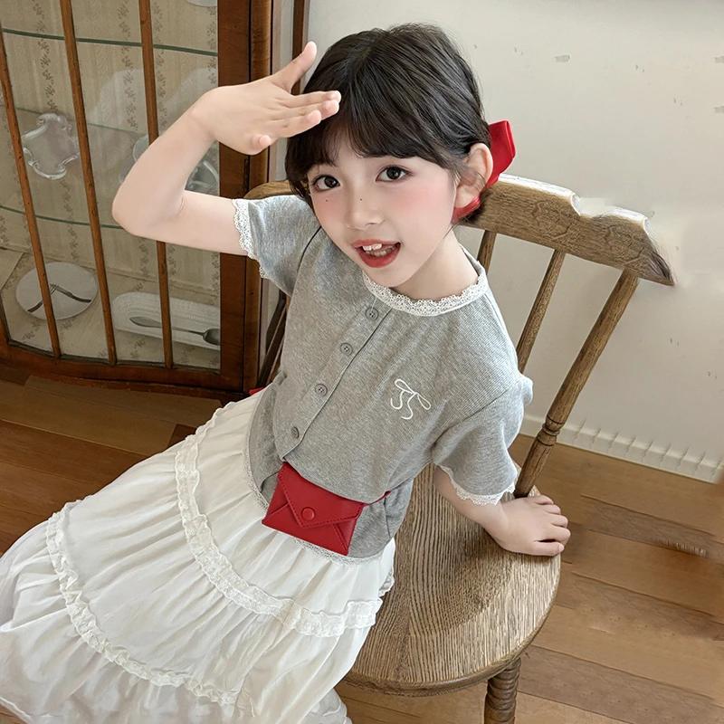 女童连衣裙夏装2025新款大童洋气中儿童韩系花边短袖蛋糕裙两件套