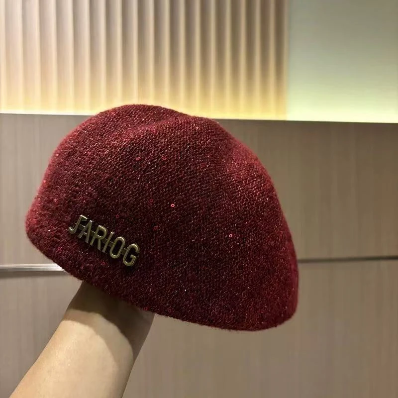 秋冬新款定型前进帽亮片时尚百搭贝雷帽个性显脸小鸭舌帽保暖帽女