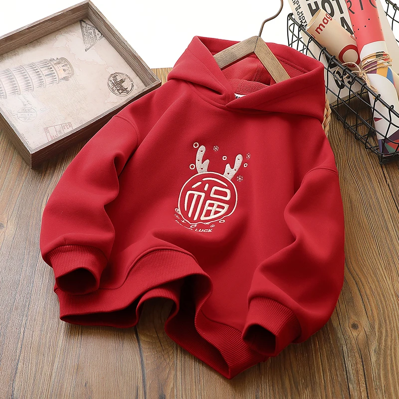 儿童亲子装加绒新年印花卫衣秋冬新款一体绒上衣BS-8796