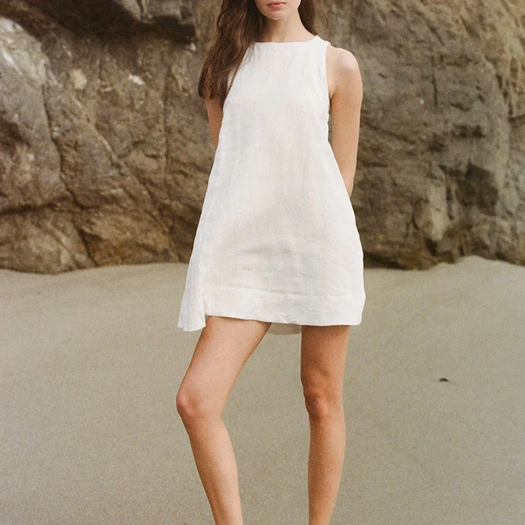 高级感纯亚麻连衣裙女新款纯色简约无袖背心裙休闲通勤圆领裙子夏