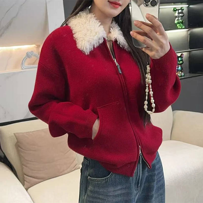 冬季新款慵懒毛毛领拉链外套女高级感保暖时尚设计感拼接简约毛衣