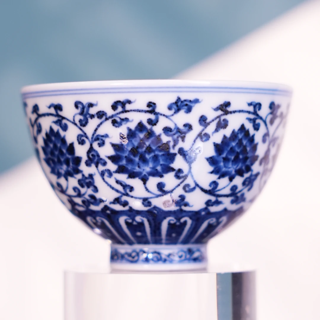 【松风馆】青花缠枝莲鸡心杯  景德镇纯手绘名窑口瓷器s003