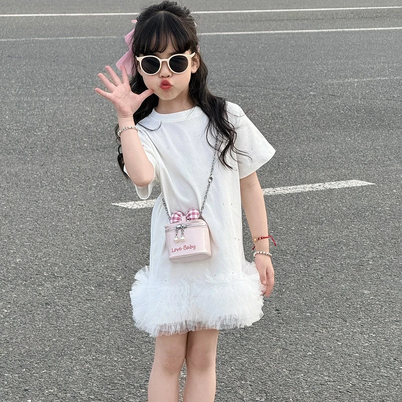 女童白色连衣裙夏季宝宝烫钻网纱短袖公主裙儿童T恤裙女孩蓬蓬裙